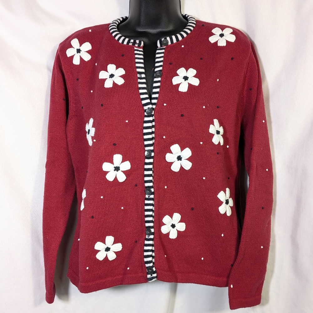 Talbots Vintage Women's Cotton Cardigan Crocheted Flowers Red‎ White Sz M